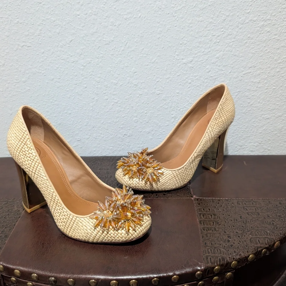Tory Burch Metallic Kendra Raffia Pump Heels size 9.5